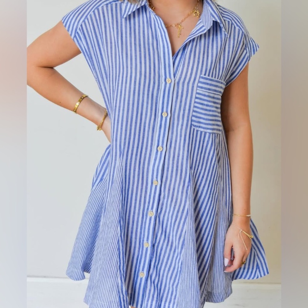 NWT Women's Mustard Seed 100% Cotton Striped Collar A-Line Button Up Dress Small